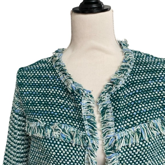 Chico’s Pacific Teal Structured Tweed Fringe Cardigan Jacket NWT Size 1 - Picture 2 of 16